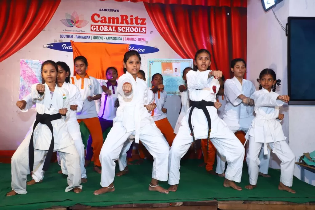 Karate class at Queens Global School, Kavadiguda Hyderabad – CBSE school near Secunderabad offering martial arts training for fitness, focus, and discipline.